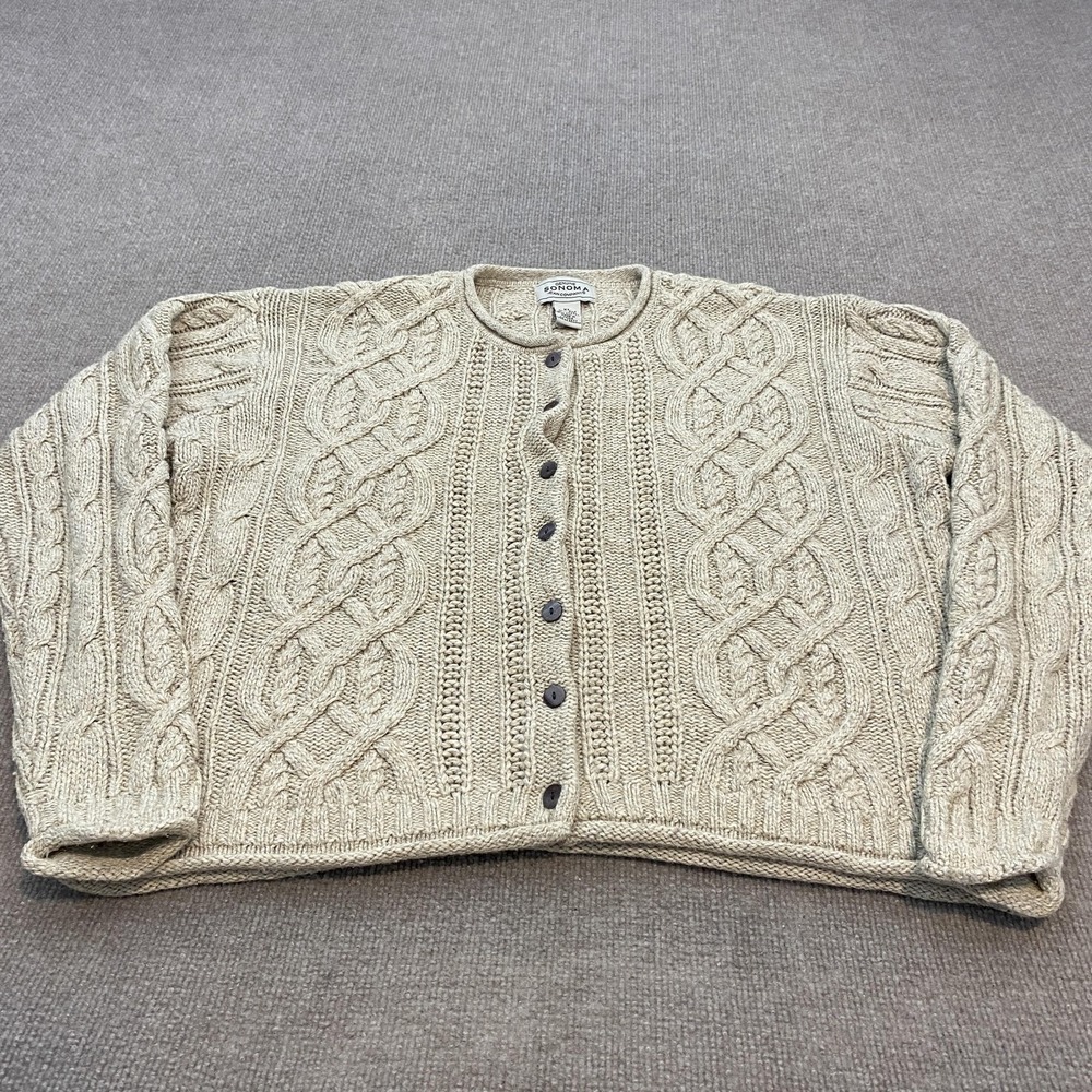 VTG Sonoma Sweater Women XL Beige Silk Wool Cable Knit Button Crew Neck Cardigan